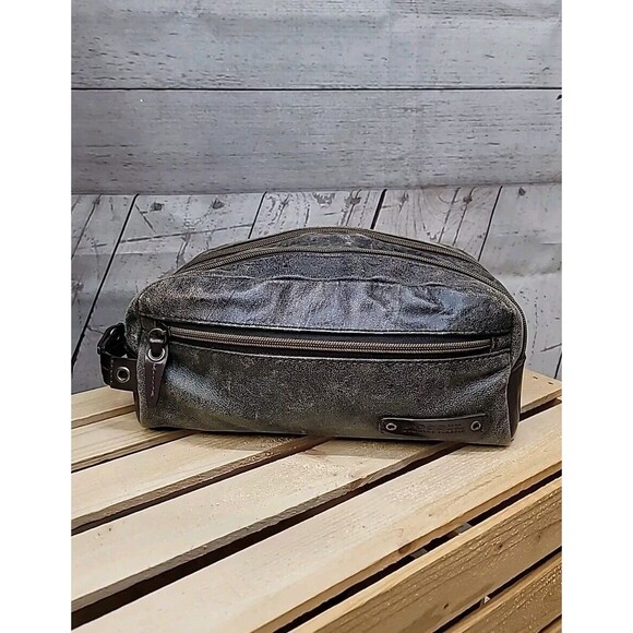 Fossil Genuine Classic Leather Travel Toiletry Bag Brown Multi Zip Compartments - Picture 1 of 16